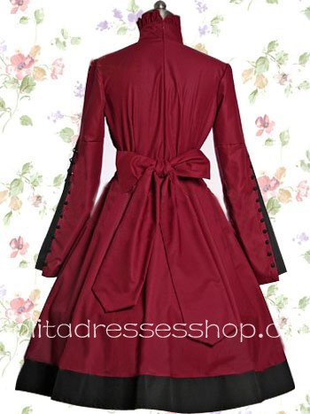 Dark Red Cotton Stand Collar Long Sleeves Buttons Bows Classic Lolita Dress