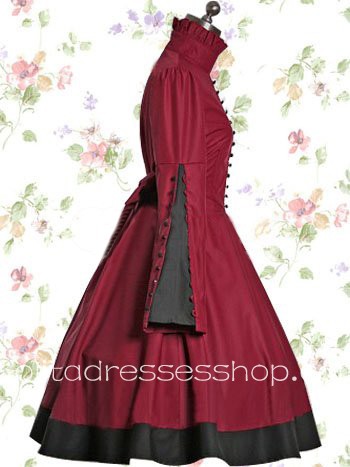 Dark Red Cotton Stand Collar Long Sleeves Buttons Bows Classic Lolita Dress