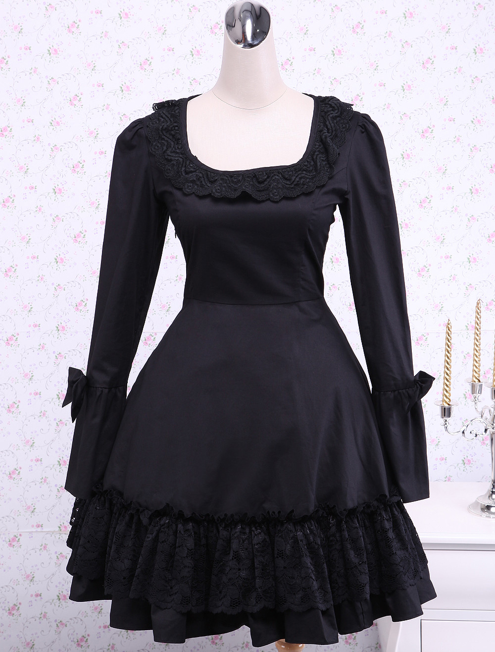 Black Long Sleeves Square Collar Plain Classic Lolita Dress