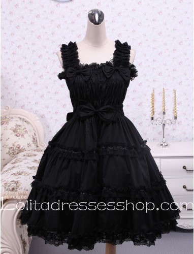 Black Sleeveless Elastic Straps Bow Lacing Hem Classic Lolita Dress
