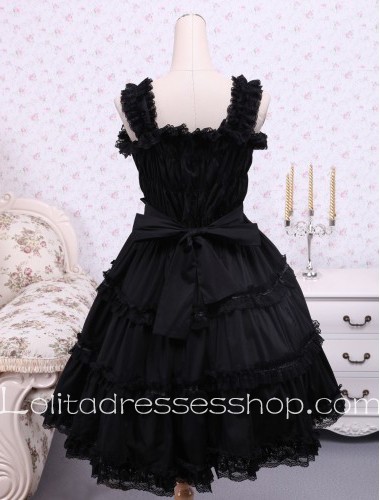 Black Sleeveless Elastic Straps Bow Lacing Hem Classic Lolita Dress