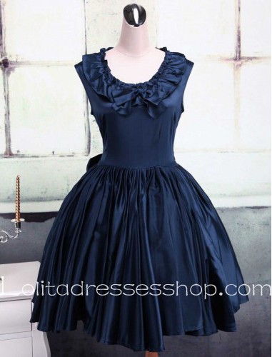 Dark Blue Cotton Round Neck Cap Sleeves Ruffles Classic Lolita Dress