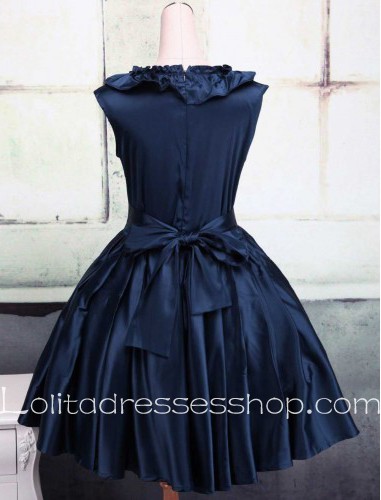 Dark Blue Cotton Round Neck Cap Sleeves Ruffles Classic Lolita Dress