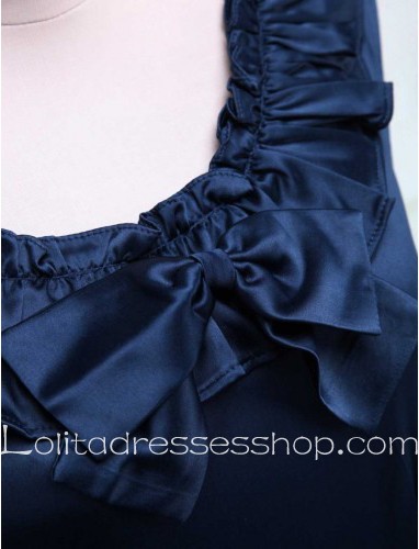 Dark Blue Cotton Round Neck Cap Sleeves Ruffles Classic Lolita Dress