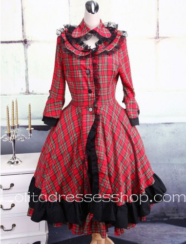 Round Neck Black and Red Lattice Long Sleeve Classic Lolita Dress