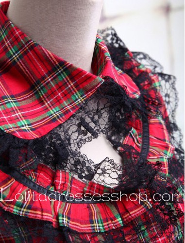 Round Neck Black and Red Lattice Long Sleeve Classic Lolita Dress