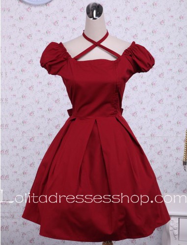 Red Cotton Square Neck Short Sleeves Ruffles Bow Cute Classic Lolita Dress
