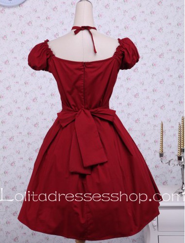 Red Cotton Square Neck Short Sleeves Ruffles Bow Cute Classic Lolita Dress