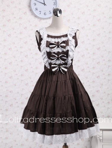 Brown Sleeveless White Lace Ruffles Pleated Sweet Classic Lolita Dress