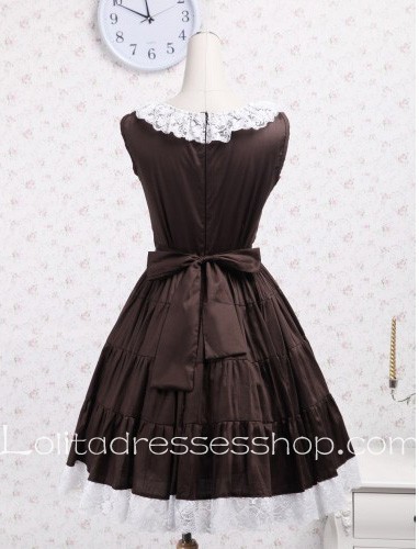 Brown Sleeveless White Lace Ruffles Pleated Sweet Classic Lolita Dress