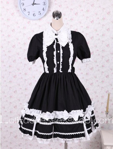 Black Cotton Flouncing Hem Stand Collar Cute Classic Lolita Dress