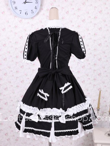 Black Cotton Flouncing Hem Stand Collar Cute Classic Lolita Dress