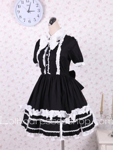 Black Cotton Flouncing Hem Stand Collar Cute Classic Lolita Dress