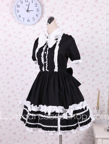 Black Cotton Flouncing Hem Stand Collar Cute Classic Lolita Dress