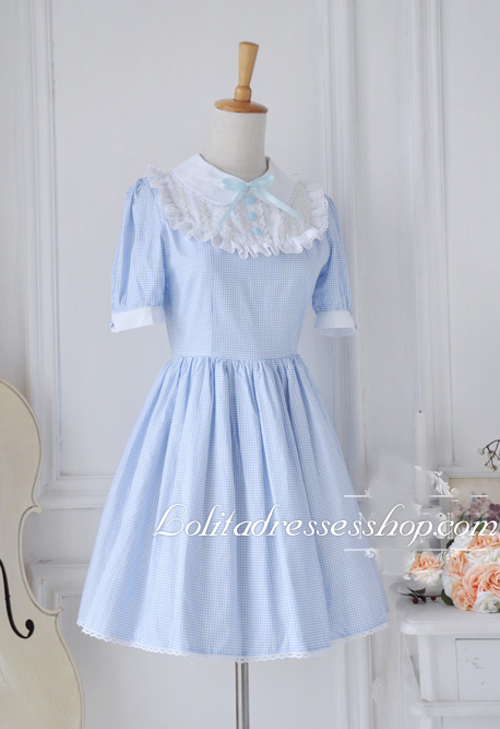 Light Blue Cotton Doll Collar Lace Trim Lattice Fashion Lolita Dress