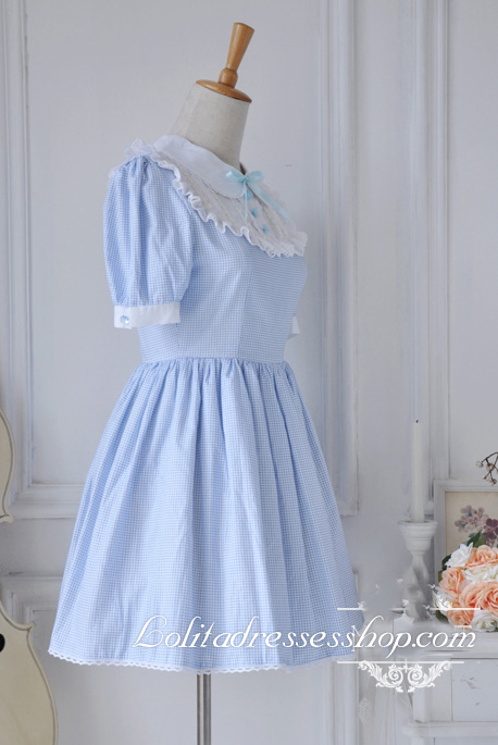 Light Blue Cotton Doll Collar Lace Trim Lattice Fashion Lolita Dress