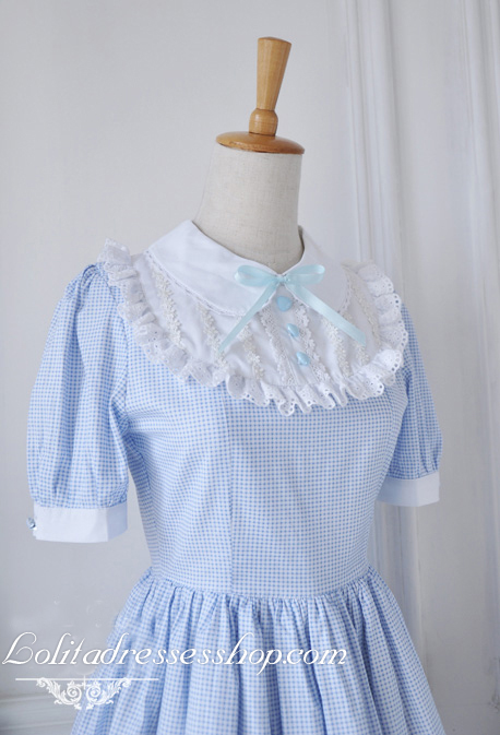 Light Blue Cotton Doll Collar Lace Trim Lattice Fashion Lolita Dress