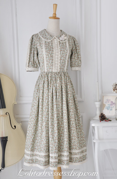 Sen Department Retro Floral Lapel Long Lace Trim Fashion Lolita Dress