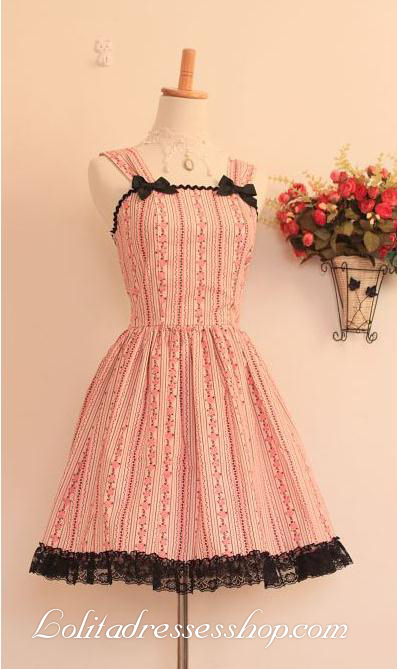 Pink Cotton Black Lace Trim Straps Sleeveless Fashion Lolita Dress