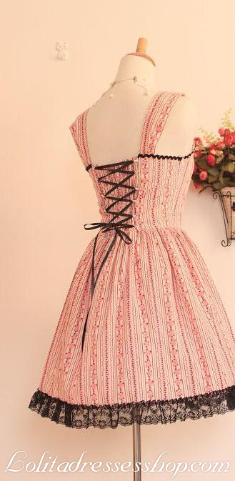 Pink Cotton Black Lace Trim Straps Sleeveless Fashion Lolita Dress