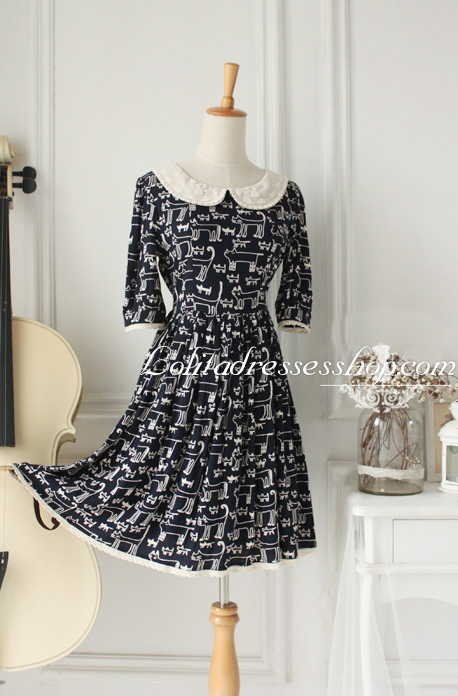 Navy blue Cotton Round Neck Cat Printing Fashion Lolita Dress