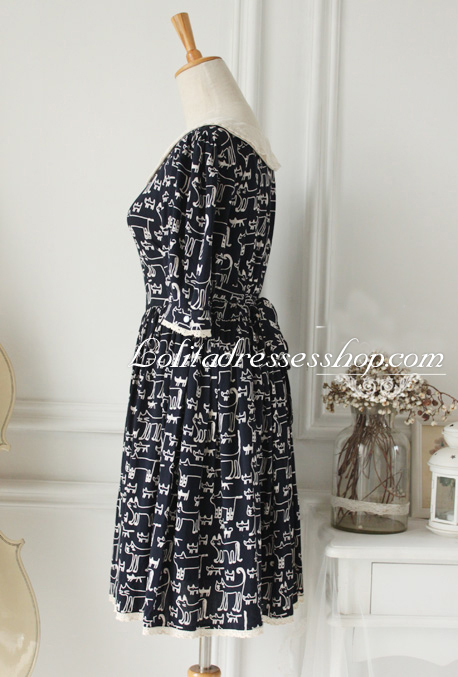 Navy blue Cotton Round Neck Cat Printing Fashion Lolita Dress