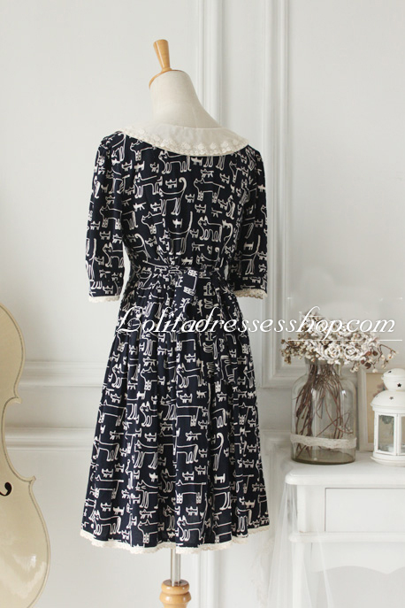 Navy blue Cotton Round Neck Cat Printing Fashion Lolita Dress