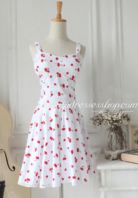 Cherry Print White Straps Sleeveless LaceTrim Fashion Lolita Outfits