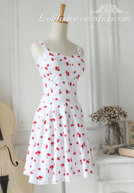 Cheap Cherry Print White Straps Sleeveless LaceTrim Fashion Lolita ...