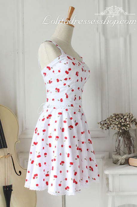Cherry Print White Straps Sleeveless LaceTrim Fashion Lolita Outfits