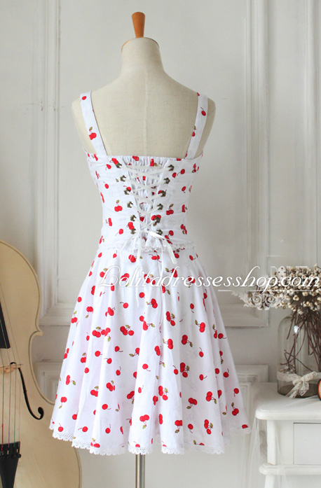 Cherry Print White Straps Sleeveless LaceTrim Fashion Lolita Outfits