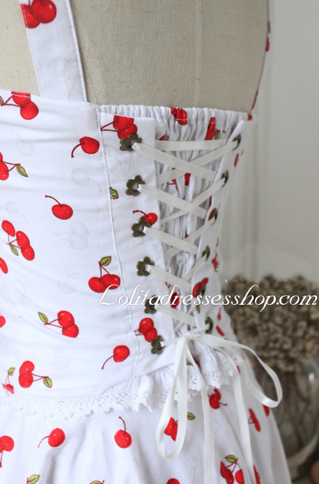 Cherry Print White Straps Sleeveless LaceTrim Fashion Lolita Outfits