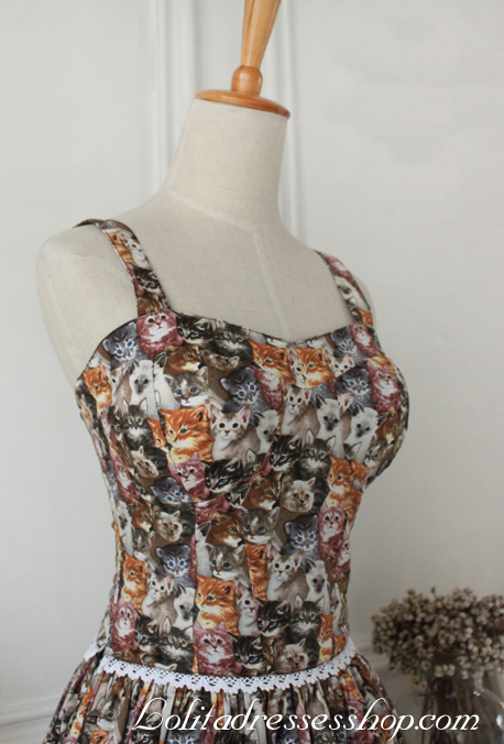 Cat Printed Cotton Straps Sleeveless Lace Trim Fashion Lolita Outfits