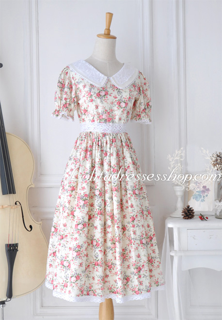 Idyllic White Cotton Doll Collar Floral Lace Trim Fashion Lolita Dress