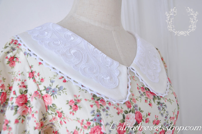 Idyllic White Cotton Doll Collar Floral Lace Trim Fashion Lolita Dress