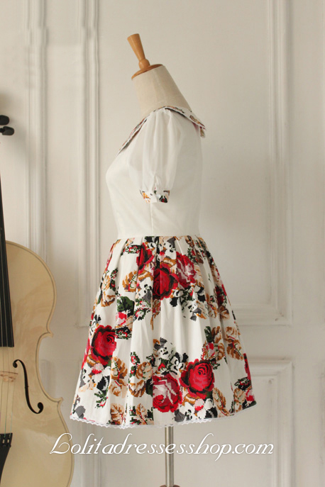 White Floral Cotton Round NeckFashion Lolita Dress