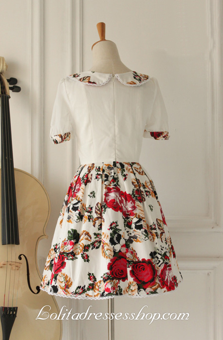 White Floral Cotton Round NeckFashion Lolita Dress