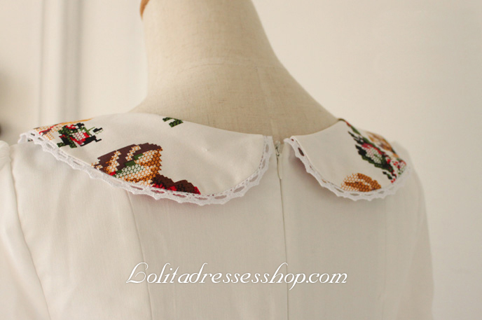 White Floral Cotton Round NeckFashion Lolita Dress
