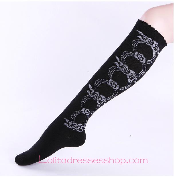 Lovely Fashion Black Rosette Pattern Lolita Knee Stocking