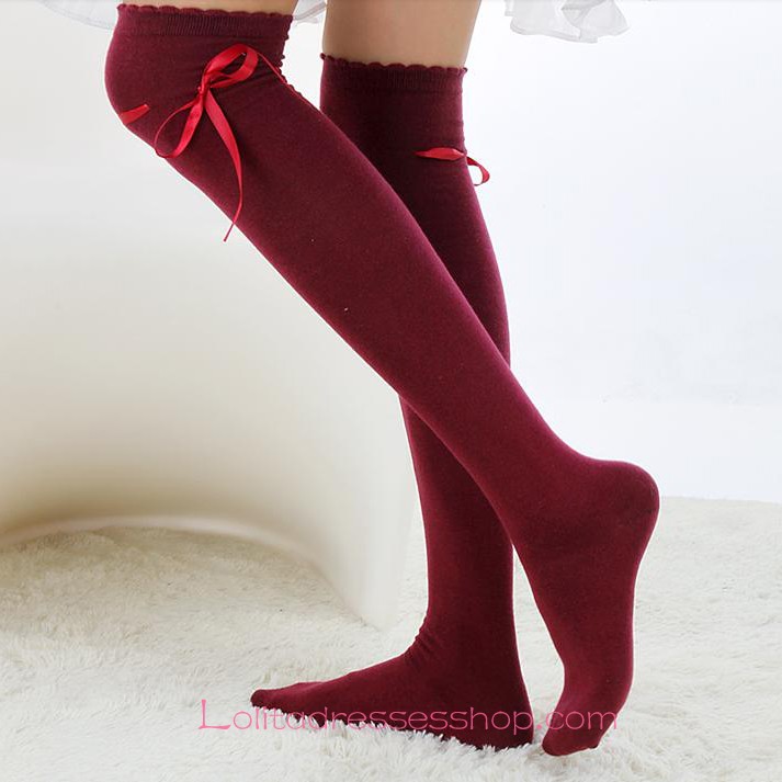 Lovely Red Wine Bow Sweet Lolita Knee Stockings