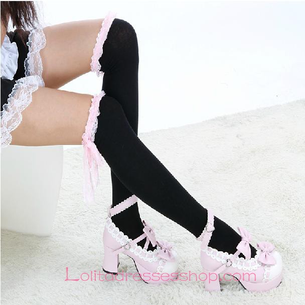 Lovely Pure Black Pink Bow Lolita Knee Stockings