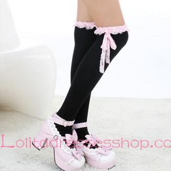 Lovely Pure Black Pink Bow Lolita Knee Stockings