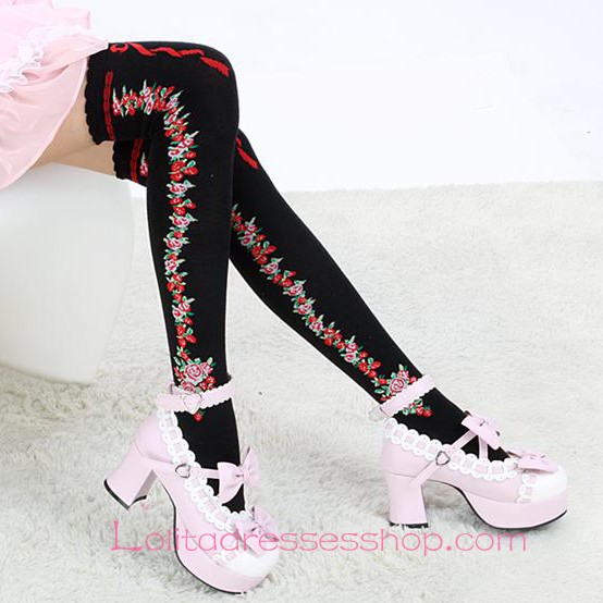 Lovely Black Roses Sweet Lolita Knee Stockings