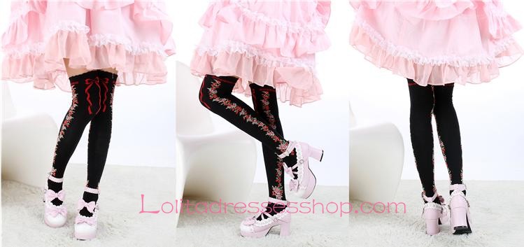 Lovely Black Roses Sweet Lolita Knee Stockings