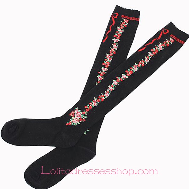 Lovely Black Roses Sweet Lolita Knee Stockings
