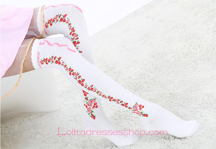 Lovely White Roses Sweet Lolita Knee Stockings