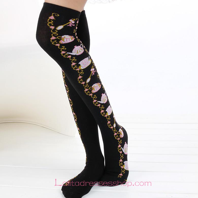 Lovely Fashion Cute Black Jacquard Tea Sets Lolita Knee Stockings