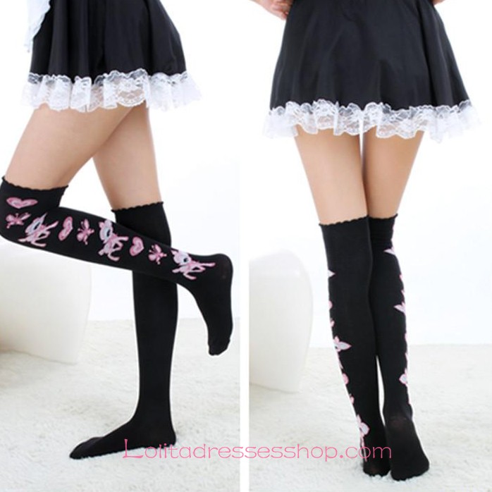 Lovely Fashion Cartoon Jacquard Black Lolita Knee Stockings
