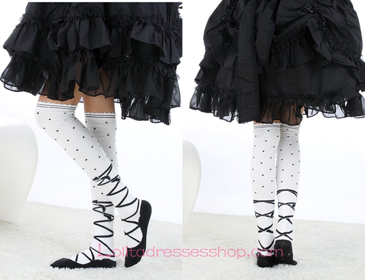 Lovely White Stripes and Dots Personality Lolita Knee Stockings