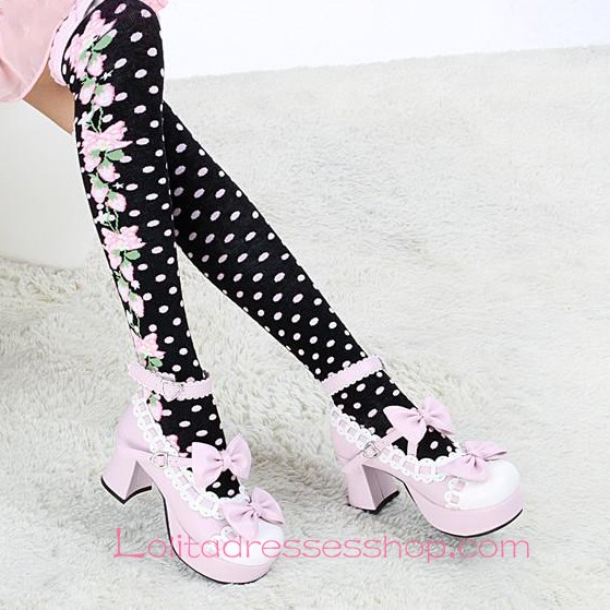 Lovely Black Fashion Pink Strawberry and Dot Lolita Knee Stockings